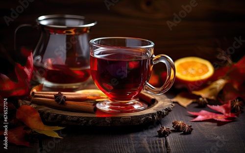 A hot cup of aromatic mulled wine captured in a picturesque setting with fall leaves and rustic decor on a wooden table