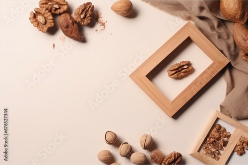 Walnut frame on table with scattered walnuts on a beige background. Top view flat lay with copy space. Generative AI