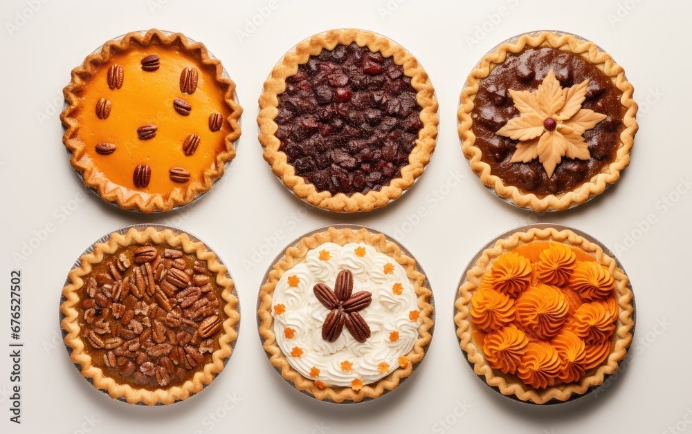 Various Thanksgiving pies on a modern, simple white background, in a flat lay, overhead shot with copy space
