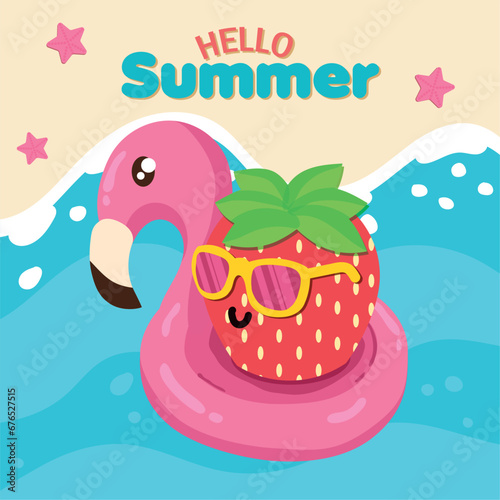 Cute strawberry character with lifesaver Hello summer Vector