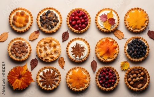 Tarts, set against the backdrop of a serene autumnal setting, featuring fallen leaves and rustic elements