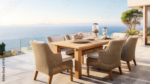 an image of a coastal-style outdoor dining set with wicker chairs and a teak table.