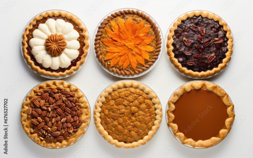 Various Thanksgiving pies on a modern, simple white background, in a flat lay, overhead shot with copy space Various Thanksgiving pies on a modern, simple white background, in a flat lay, overhead shot with copy space
