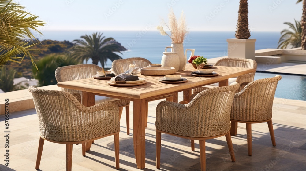 an image of a coastal-style outdoor dining set with wicker chairs and a teak table.