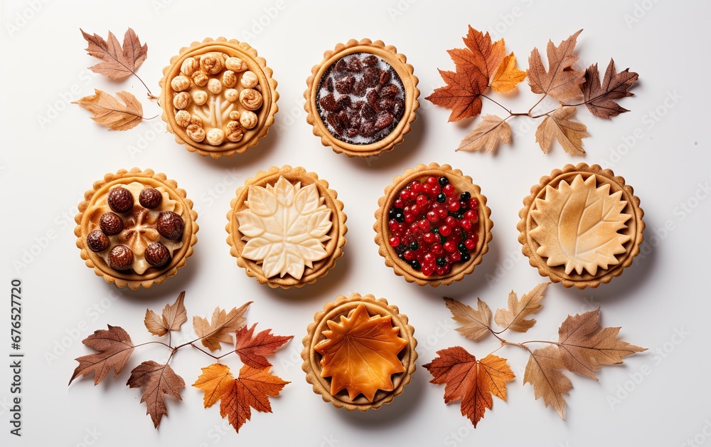 Tarts, set against the backdrop of a serene autumnal setting, featuring fallen leaves and rustic elements