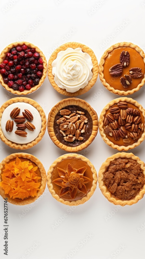Various Thanksgiving pies on a modern, simple white background, in a flat lay, overhead shot with copy space Various Thanksgiving pies on a modern, simple white background, in a flat lay, overhead shot with copy space