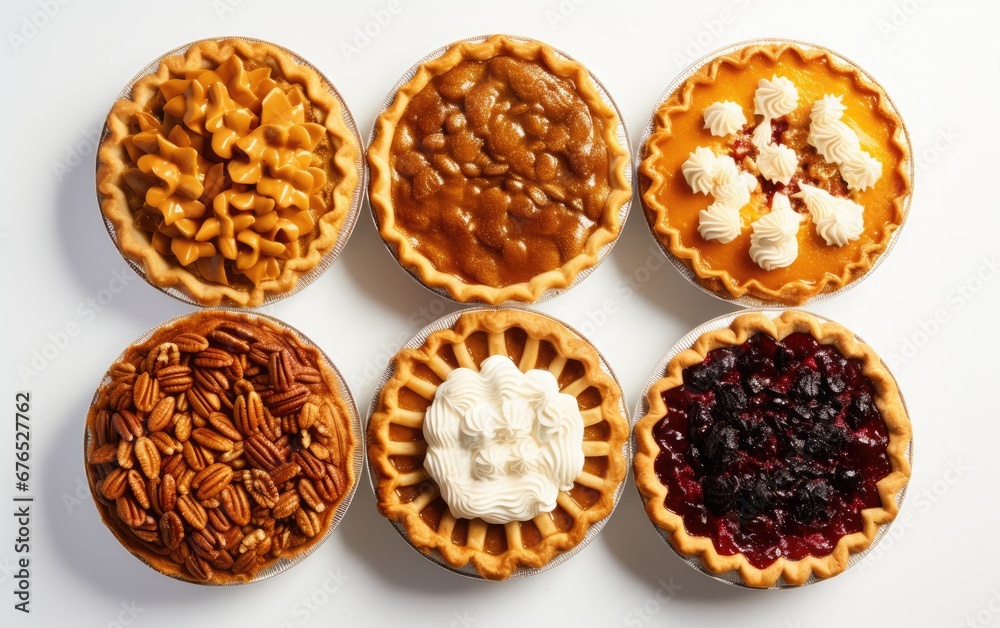 Various Thanksgiving pies on a modern, simple white background, in a flat lay, overhead shot with copy space