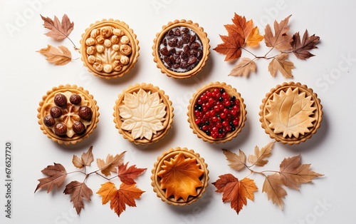 Tarts  set against the backdrop of a serene autumnal setting  featuring fallen leaves and rustic elements
