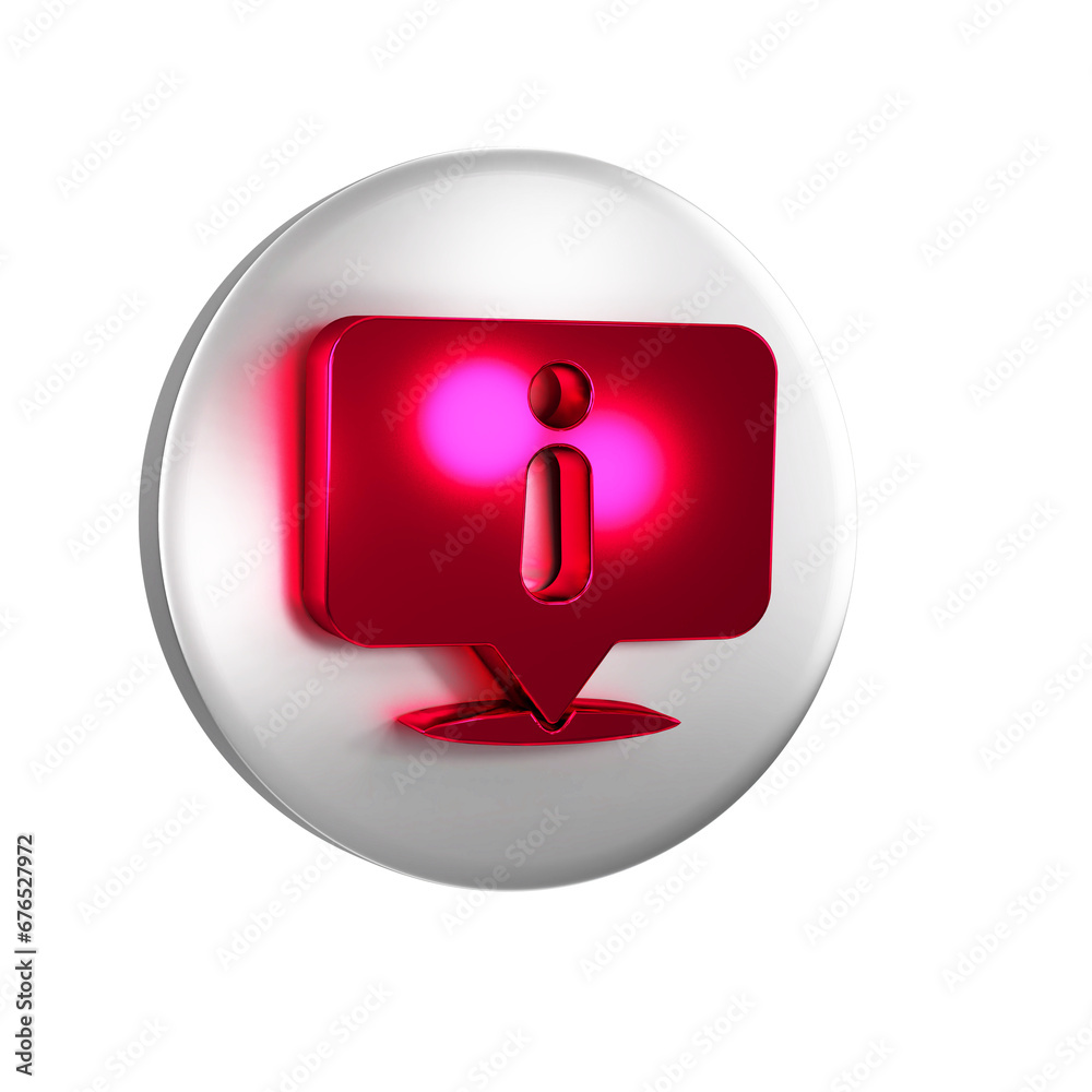 Red Information icon isolated on transparent background. Silver circle button. Red Information icon isolated on transparent background. Silver circle button.