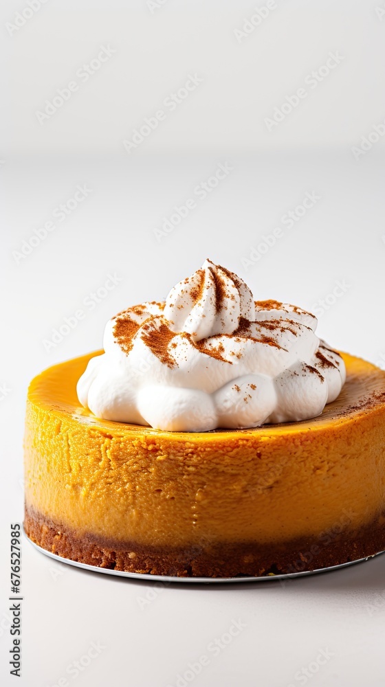 Fototapeta premium A pumpkin cheesecake, topped with a generous flourish of whipped cream, vertical image