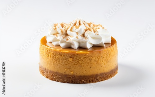 A pumpkin cheesecake, topped with a generous flourish of whipped cream