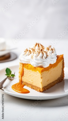 A slice of heavenly pumpkin cheesecake  topped with a generous flourish of whipped cream  vertical image