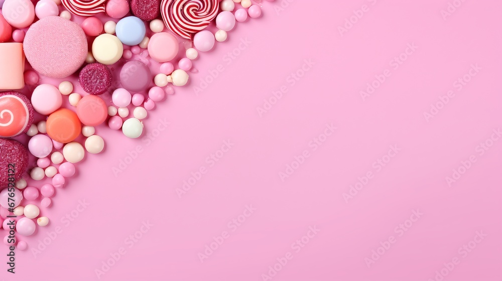 pink background for text with candies. pink background for text with candies.