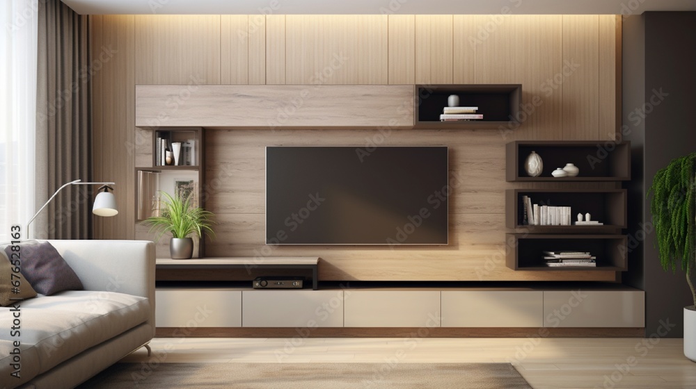 an image of a contemporary entertainment center with open shelving and a TV mount.