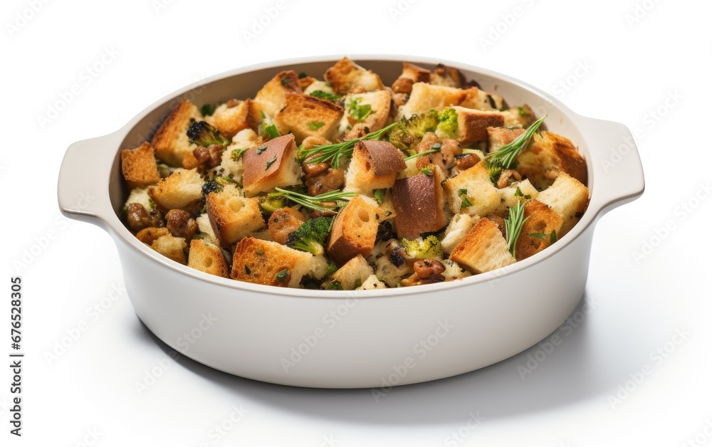 A heaping serving of aromatic, herb-infused stuffing on a modern, simple white background A heaping serving of aromatic, herb-infused stuffing on a modern, simple white background