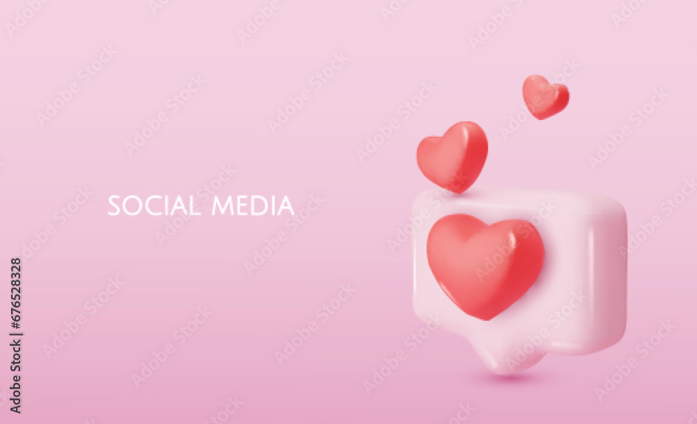 Love like heart social media notification, speech bubble with like. Social media network. 3d vector icon. Cartoon minimal style.