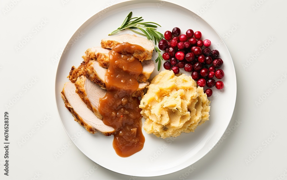 A Thanksgiving dinner plate, featuring all the traditional favorites - turkey, stuffing, mashed potatoes, and cranberry sauce on a white background, in a flat lay, overhead shot with copy space