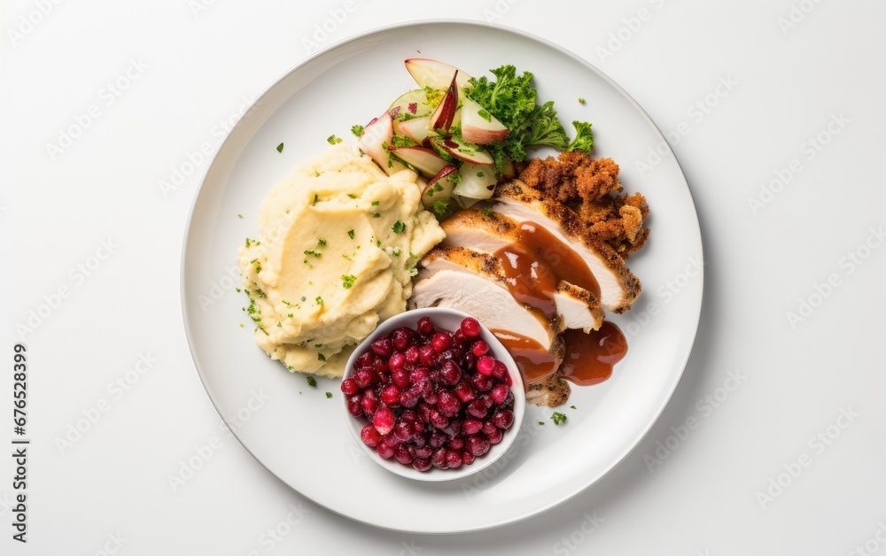 A Thanksgiving dinner plate, featuring all the traditional favorites - turkey, stuffing, mashed potatoes, and cranberry sauce on a white background, in a flat lay, overhead shot with copy space A Thanksgiving dinner plate, featuring all the traditional favorites - turkey, stuffing, mashed potatoes, and cranberry sauce on a white background, in a flat lay, overhead shot with copy space