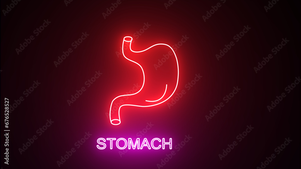 Naklejka premium Glowing-red neon line A human stomach icon is isolated on a black background. Human stomach with glowing neon lines. Human body anatomy, stomach icon