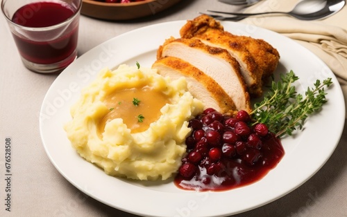 A Thanksgiving dinner plate, featuring all the traditional favorites - turkey, stuffing, mashed potatoes, and cranberry sauce on a white background