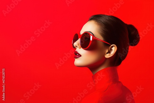 a woman wearing sunglasses against a red background