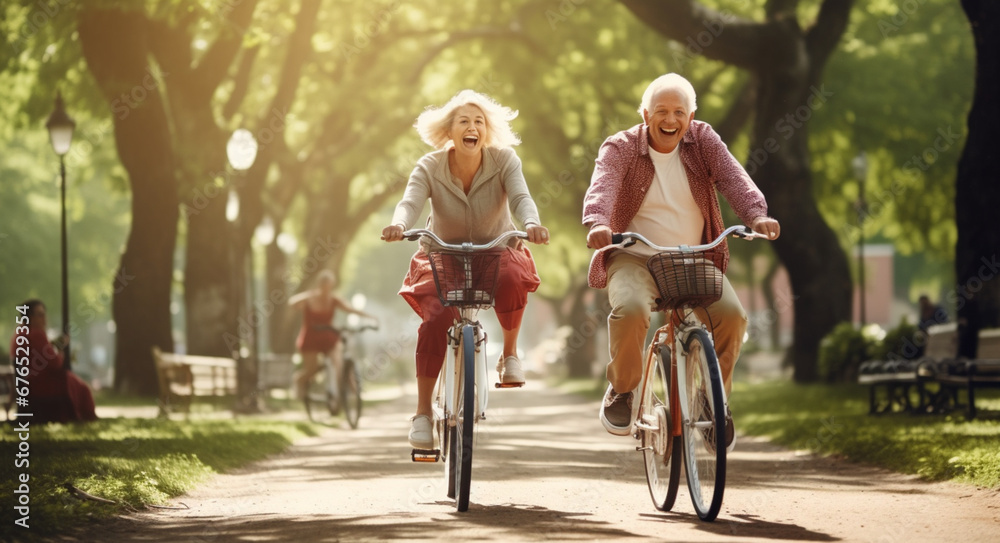 Cheerful active senior couple with bicycle in public park together having fun lifestyle. - obrazy, fototapety, plakaty 