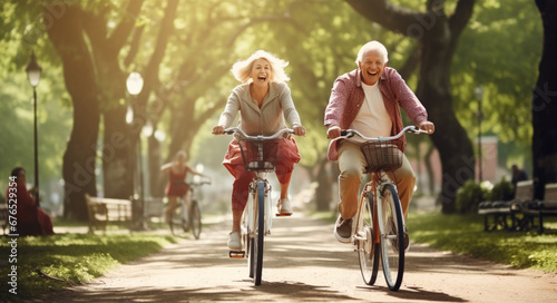 Cheerful active senior couple with bicycle in public park together having fun lifestyle. photo