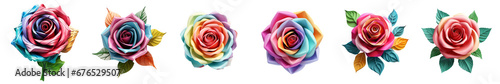 Set of colorful 3d render rose blossom, isolated beautiful flowers illustration on transparent background. Generative AI