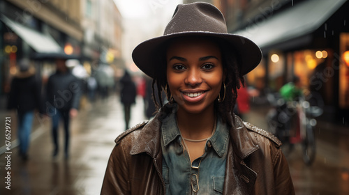 Street photo a smiling African american woman, dressed in a man’s suit, a man’s hat, a black leather raincoat. The concept of gender equality.  © mikhailberkut