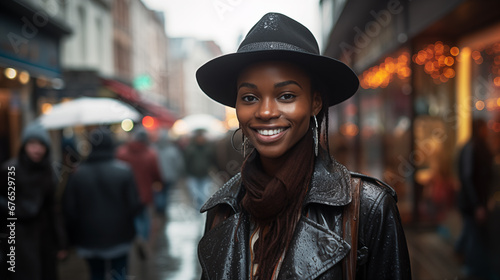 Street photo a smiling African american woman, dressed in a man’s suit, a man’s hat, a black leather raincoat. The concept of gender equality.  © mikhailberkut