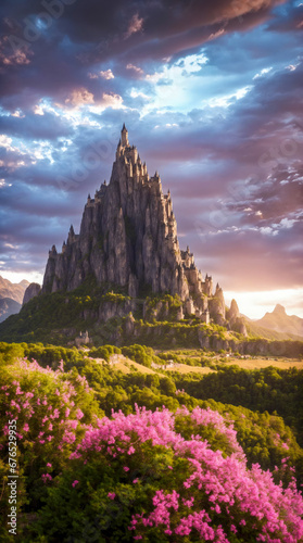 Majestic castle towering over a magical landscape with pink blossoms during sunset.