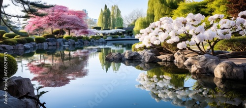 In the serene beauty of a Japanese garden vibrant spring flowers with a touch of white blossom against a backdrop of a clear blue sky creating a stunning design that combines the artistry of