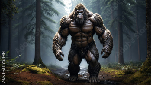 A huge Bigfoot alone in the forest.