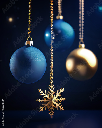 Zimowa kartka świąteczna, niebieskie tło zimowe z bańkami świątecznymi na choince i z miejscem na tekst i życzenia