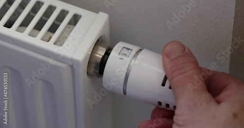 Heat radiator knob Hand adjusting temperature on heating radiator. Energy efficiency in domestic heating by reducing the power of radiators with thermostatic valves. Savings in natural gas consumption photo