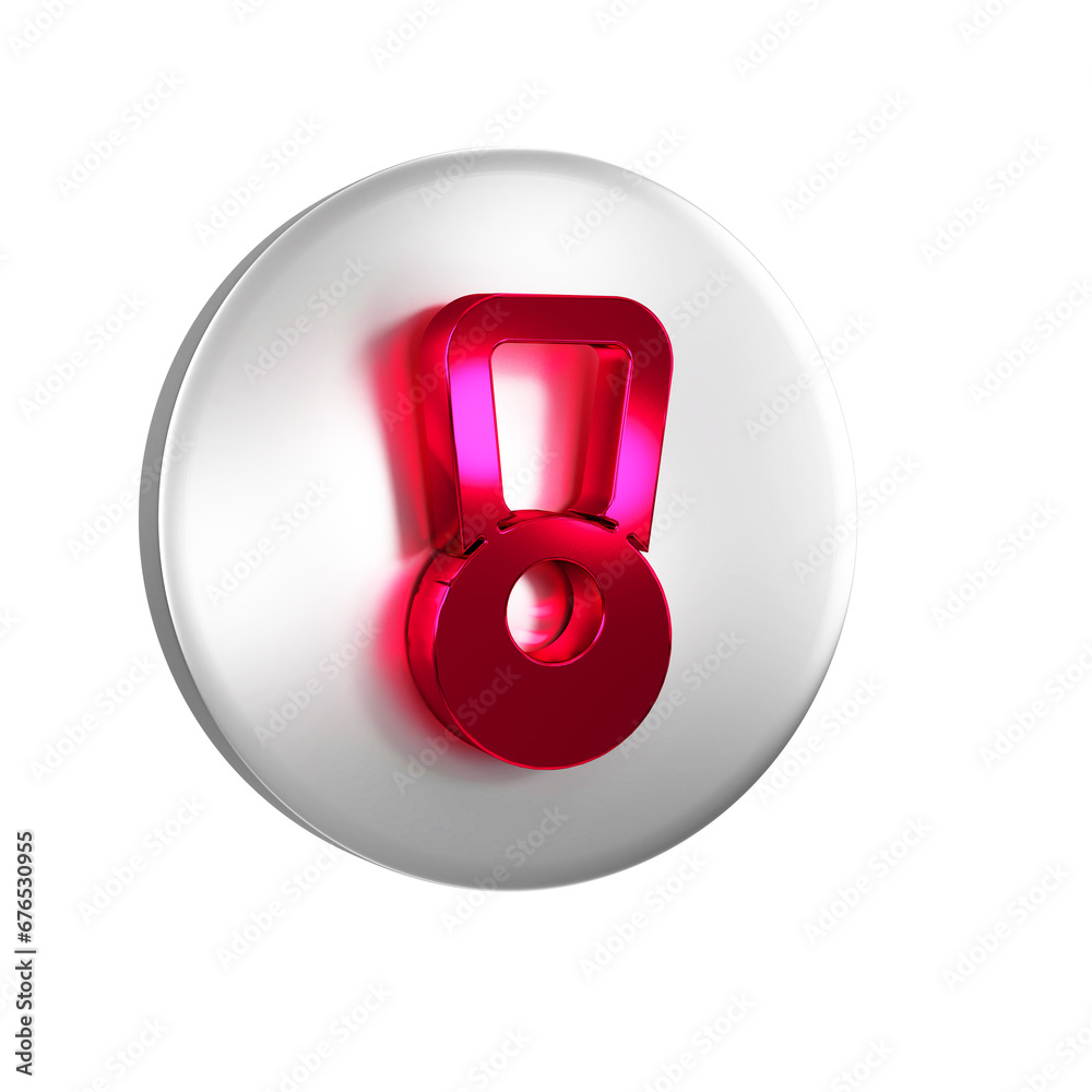 Red Kettlebell icon isolated on transparent background. Sport equipment. Silver circle button.