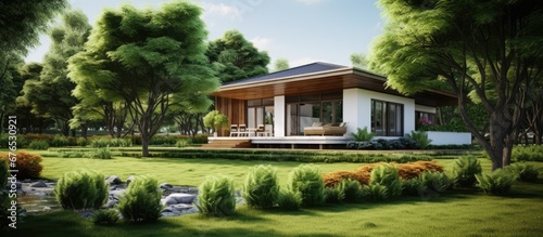The beautiful background of nature with its lush green grass and towering trees adds a natural pattern and texture to the wooden frame of the home blending seamlessly with the construction  © TheWaterMeloonProjec