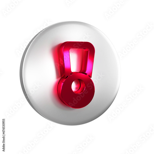 Red Kettlebell icon isolated on transparent background. Sport equipment. Silver circle button.