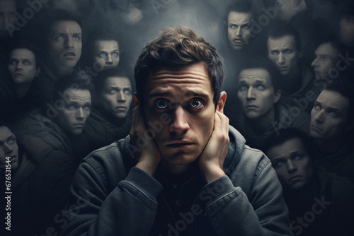 Man in a dark space and a fearful expression, surrounded by faces and voices, depicting the concept of fear, bad memories, or schizophrenia  photo