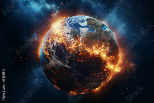 Planet earth seen on fire depicting the climate crisis