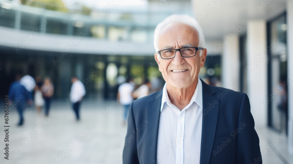 Happy smiling grandfather standing near the building and looking away. Confident smiling confident professional businessman leader in suit Happy smiling grandfather standing near the building and looking away. Confident smiling confident professional businessman leader in suit