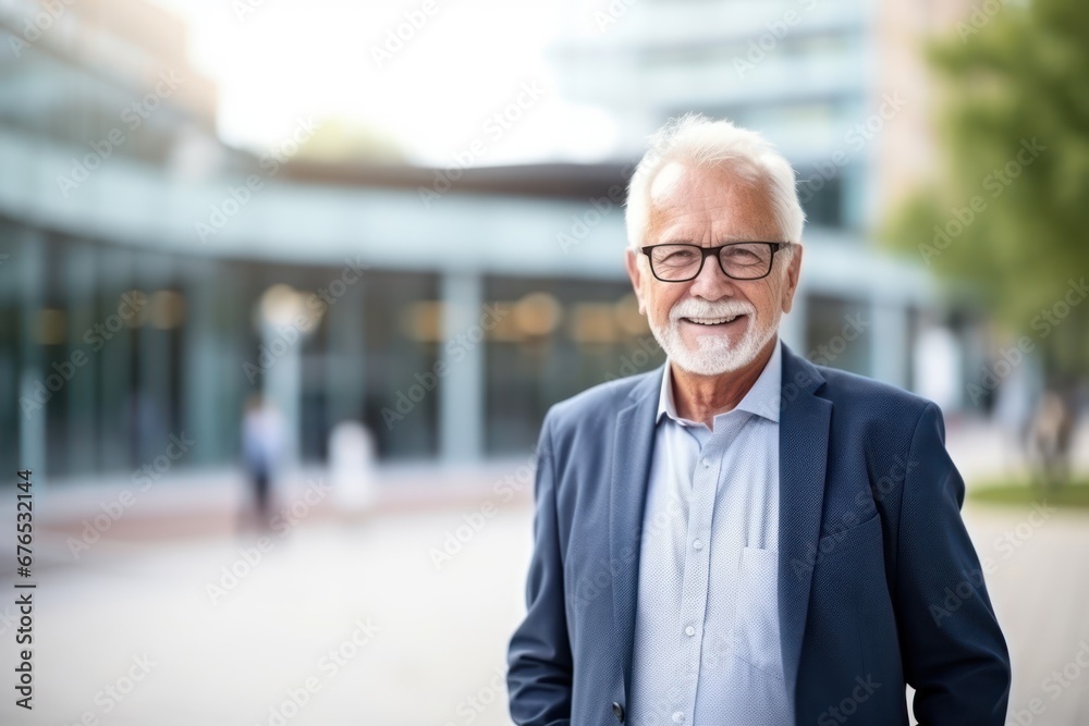 Happy smiling grandfather standing near the building and looking away. Confident smiling confident professional businessman leader in suit Happy smiling grandfather standing near the building and looking away. Confident smiling confident professional businessman leader in suit