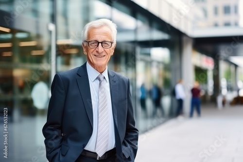 Happy smiling grandfather standing near the building and looking away. Confident smiling confident professional businessman leader in suit © Daniil