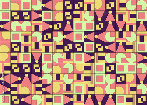 Pattern, geometric shapes of purple, pink, yellow and green colors