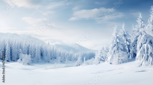 winter landscape with snow-covered trees and a serene atmosphere © ArtCookStudio