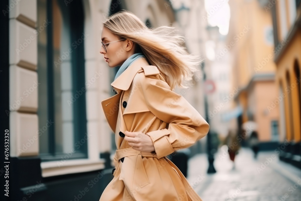 Fototapeta premium Stylish and Fashionable A Young Woman in a Trench Coat
