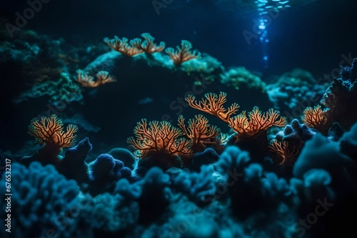 bioluminescent corals in a dark underwater setting, highlighting their otherworldly appearance