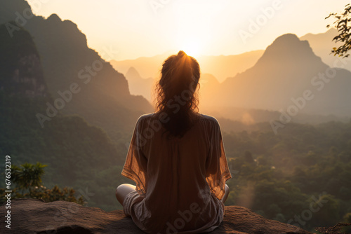 Woman meditating during sunrise in front of a mountain range © Dennis
