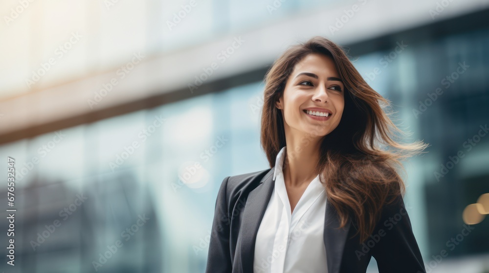 Happy young business woman standing in city looking away. Confident smiling confident professional businesswoman leader wearing suit Happy young business woman standing in city looking away. Confident smiling confident professional businesswoman leader wearing suit