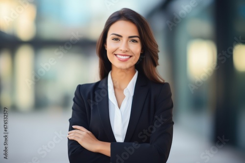 Happy young business woman standing in city looking away. Confident smiling confident professional businesswoman leader wearing suit